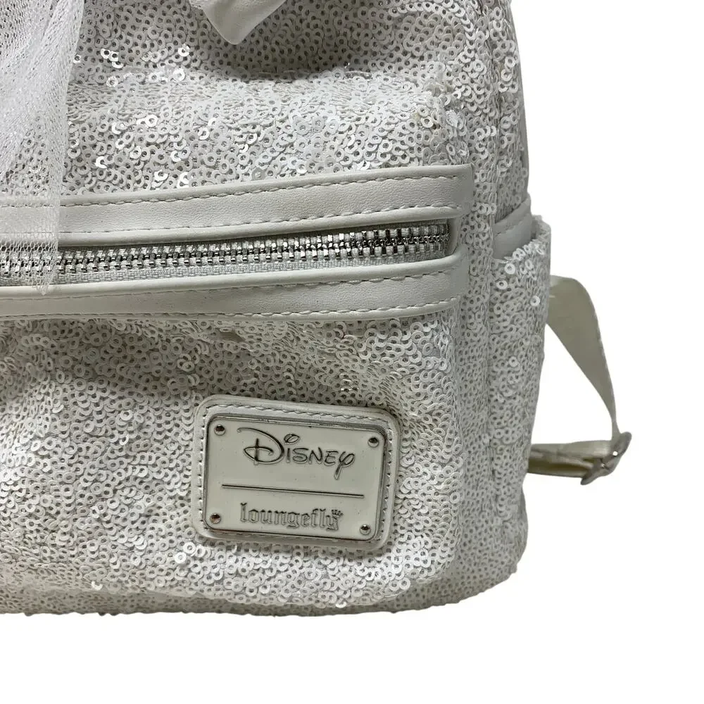 Loungefly Disney Minnie Mouse Sequin Wedding Mini Backpack White *READ